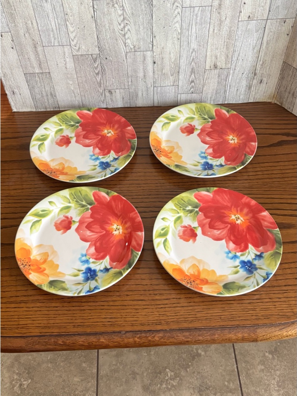 Pier 1 Floral Amelia Plates - Red, Orange & Blue Accents (Set of 4)